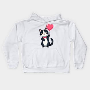 Tuxedo cat with a heart balloon Kids Hoodie